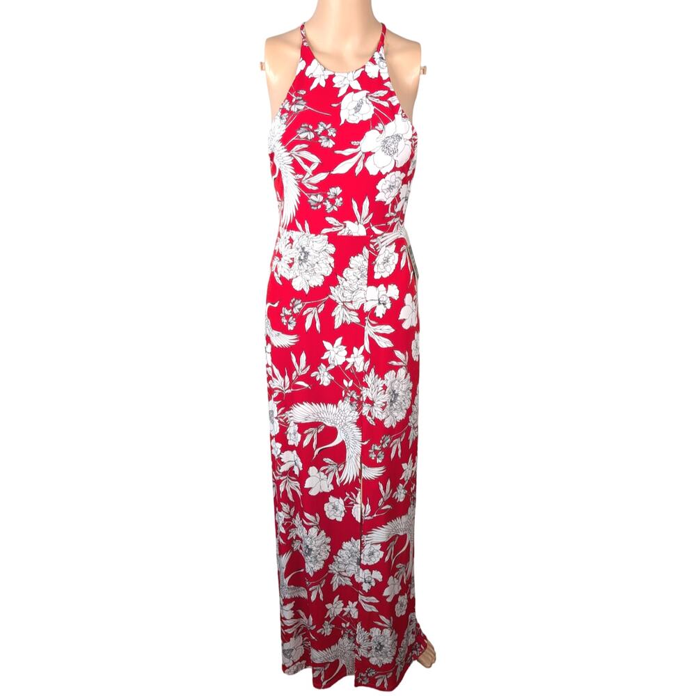 NWT Express Halter Maxi Dress XS Red White Crane Floral Side Slit Tie Back - Picture 4 of 12